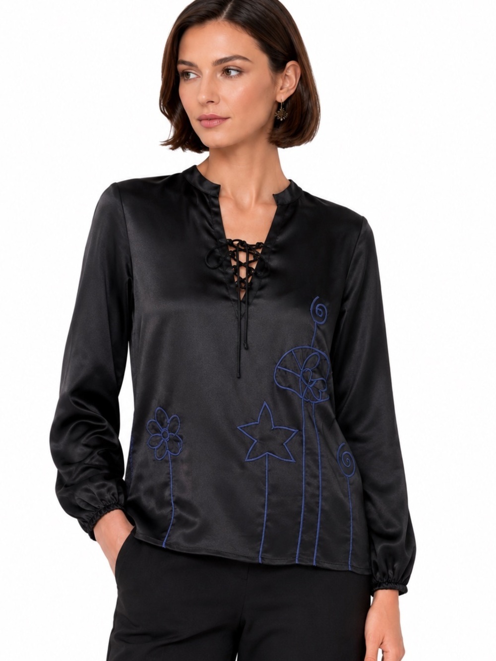 NWT Lingua Franca Embroidered Hudson 100% Silk Long Sleeve Popover Black Size S